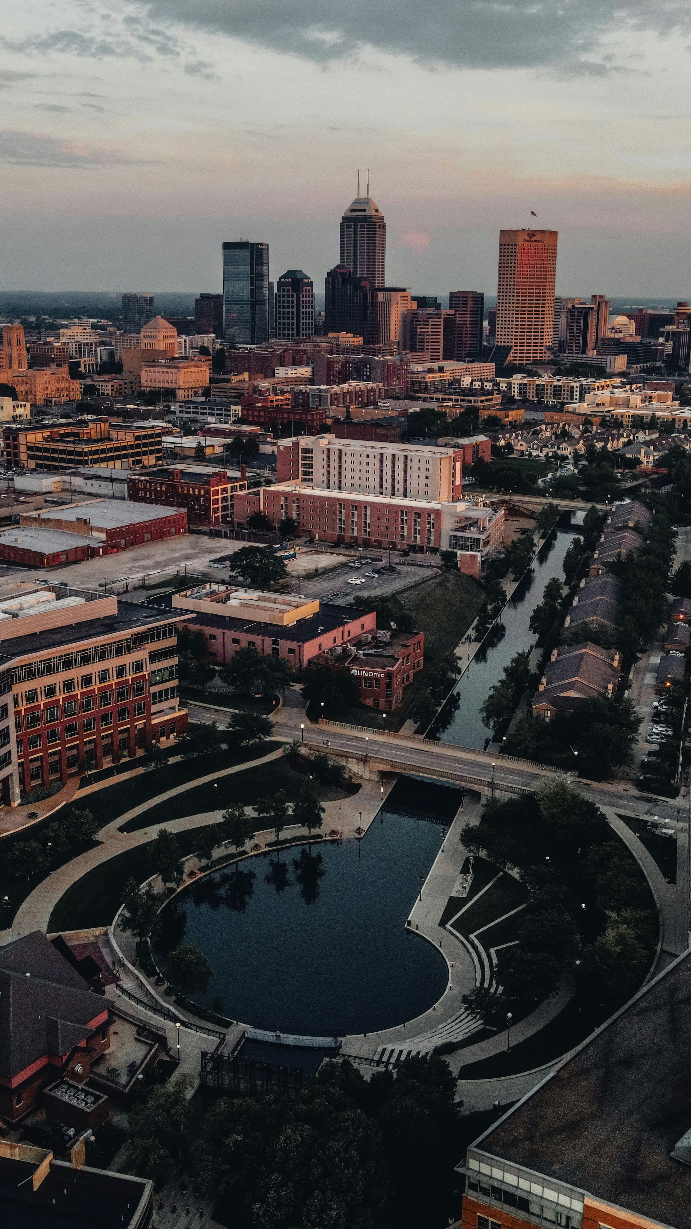 Indianapolis skyline at dusk along the canal