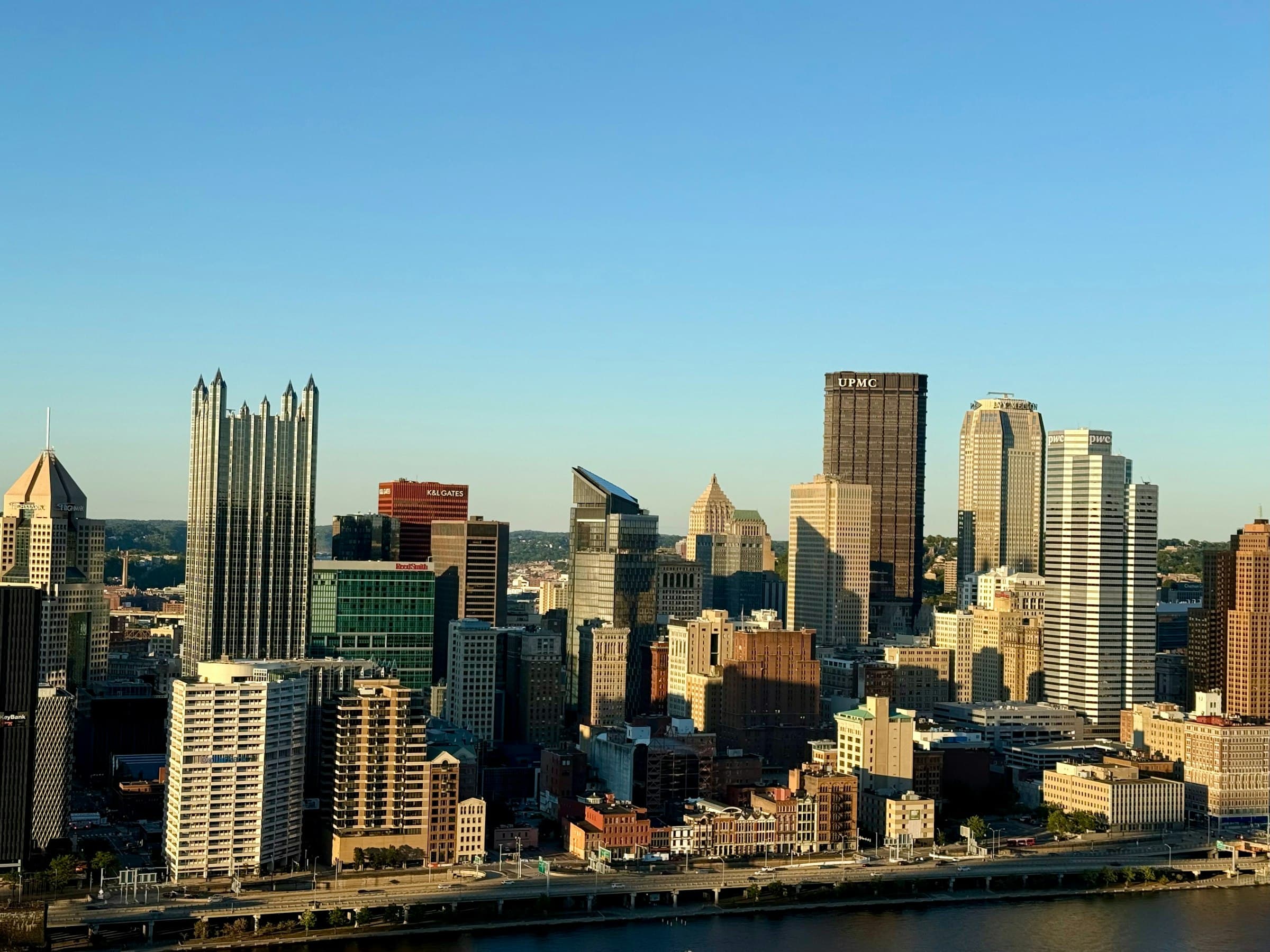 Pittsburgh skyline with skyscrapers at the convergence of the three rivers