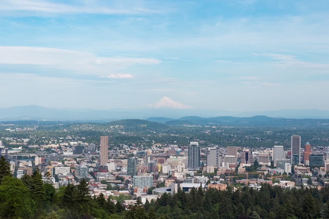 Portland Oregon skyline with Mount Hood in the distance